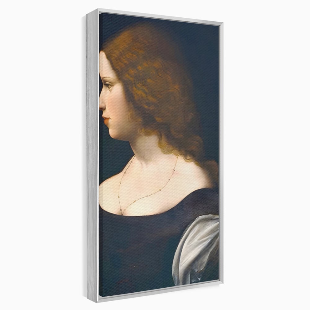 Tablou canvas cu tablou canvas cu portretul unei tinere, in rama de aluminiu argintiu